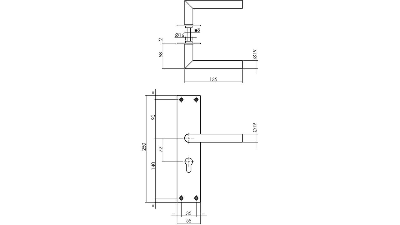 Deurkruk Jura met schild rechthoekig 250x55x2mm profielcilindergat 72mm structuur zwart