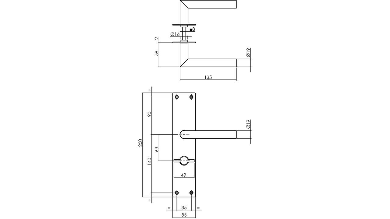 Deurkruk Jura met schild rechthoekig 250x55x2mm wc 63/8mm structuur zwart