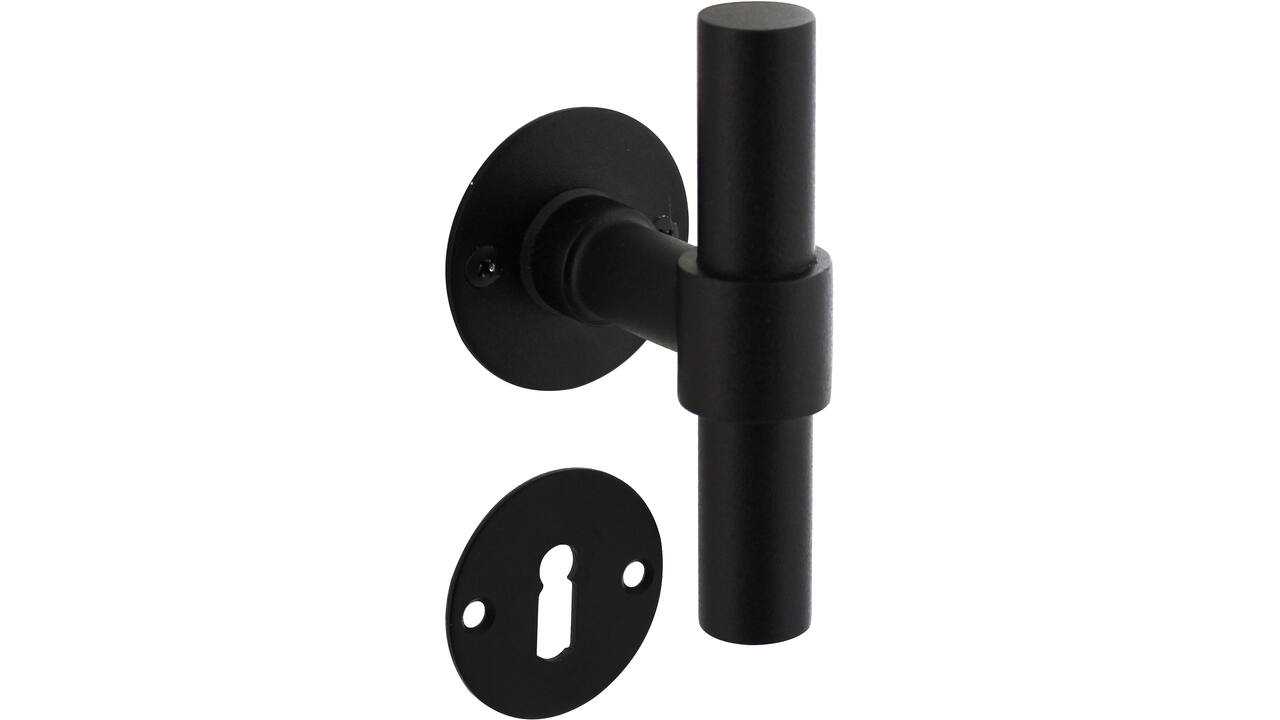 Deurkruk L/T recht met rozet Ø51x2mm en sleutelrozetten structuur zwart