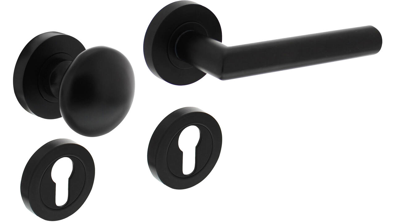 Knop/kruk garnituur rechts Bastian op rozet verdekt ø52x10mm met nokken en cilinderrozetten zwart