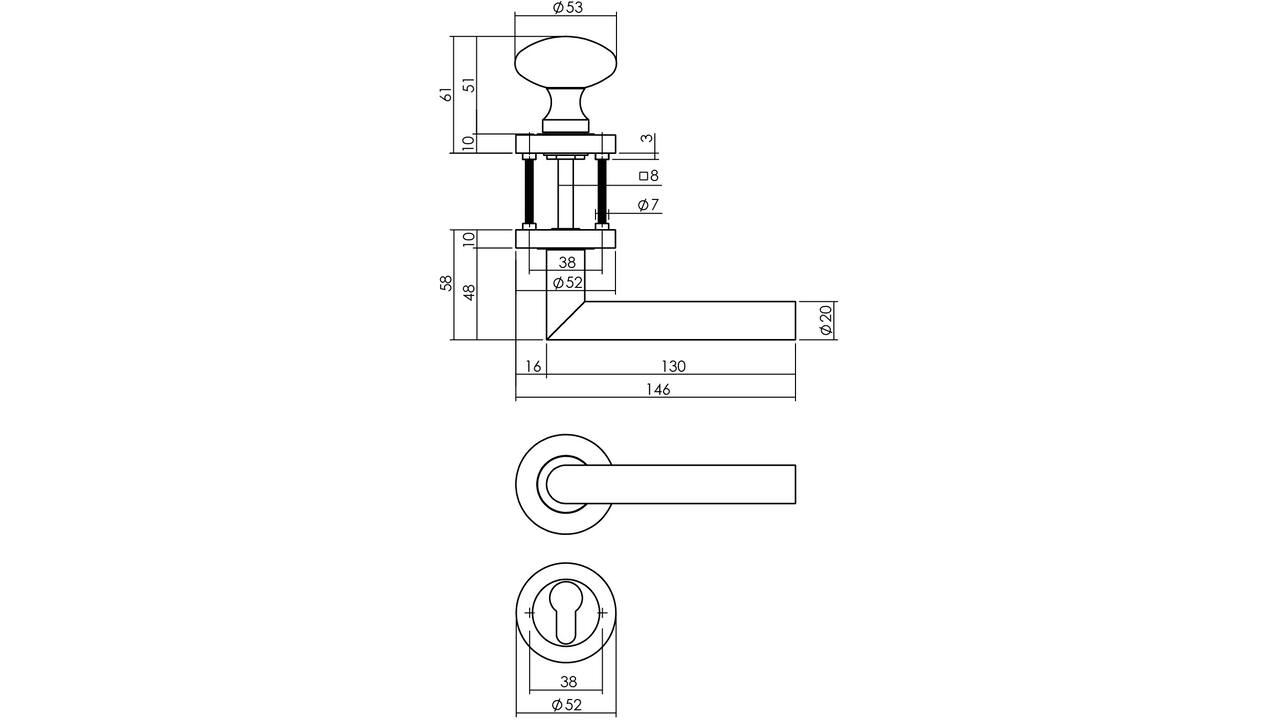 Knop/kruk garnituur rechts Bastian op rozet verdekt ø52x10mm met nokken en cilinderrozetten zwart