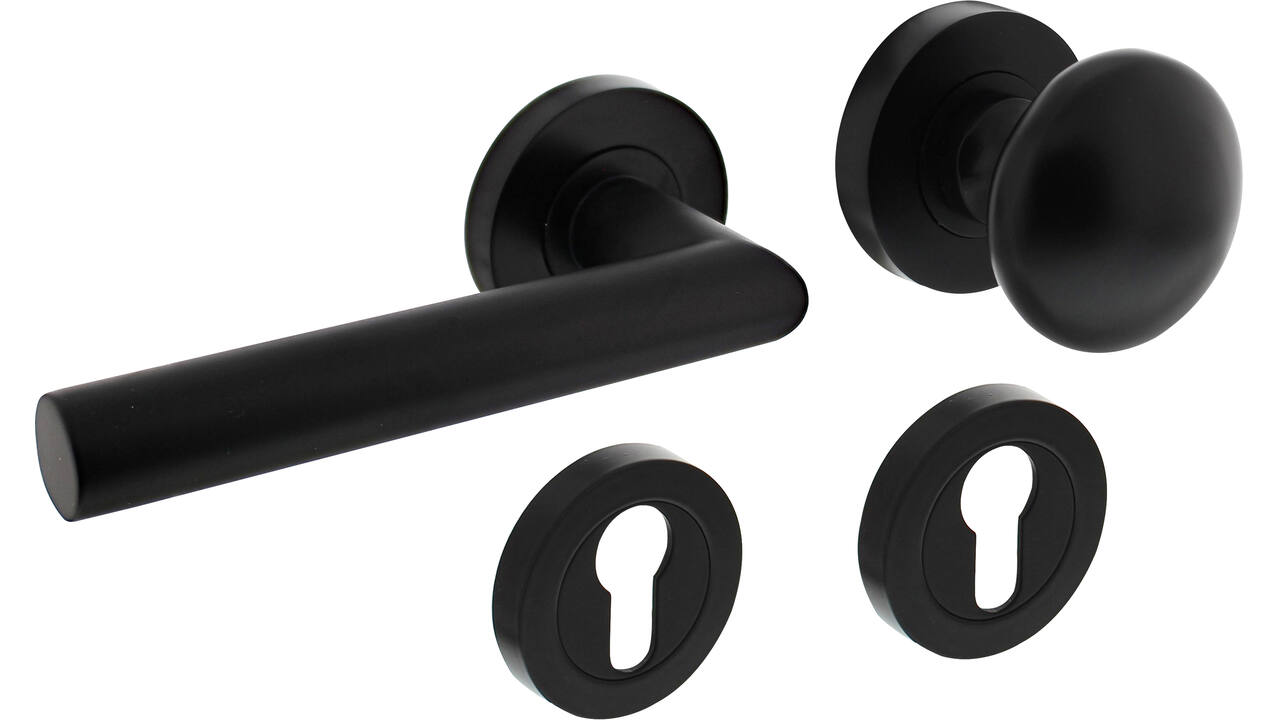 Knop/kruk garnituur links Bastian op rozet verdekt ø52x10mm met nokken en cilinderrozetten zwart