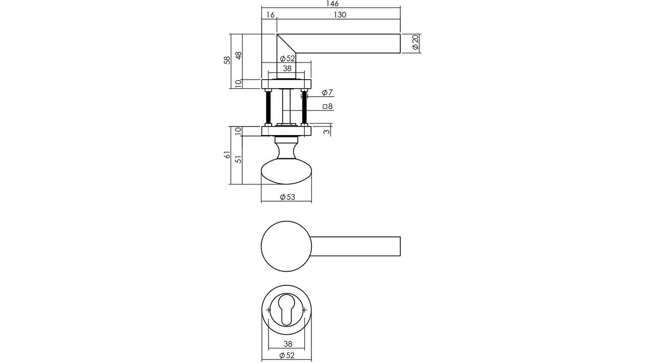 Knop/kruk garnituur links Bastian op rozet verdekt ø52x10mm met nokken en cilinderrozetten zwart