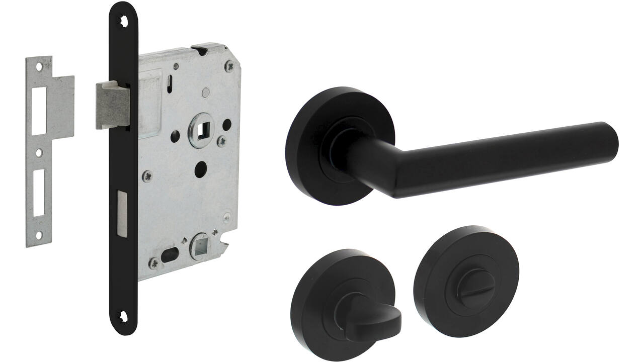 Set toiletslot 63/8mm zwart met deurkruk Bastian op rozet ø52x10mm en WC-sluiting zwart