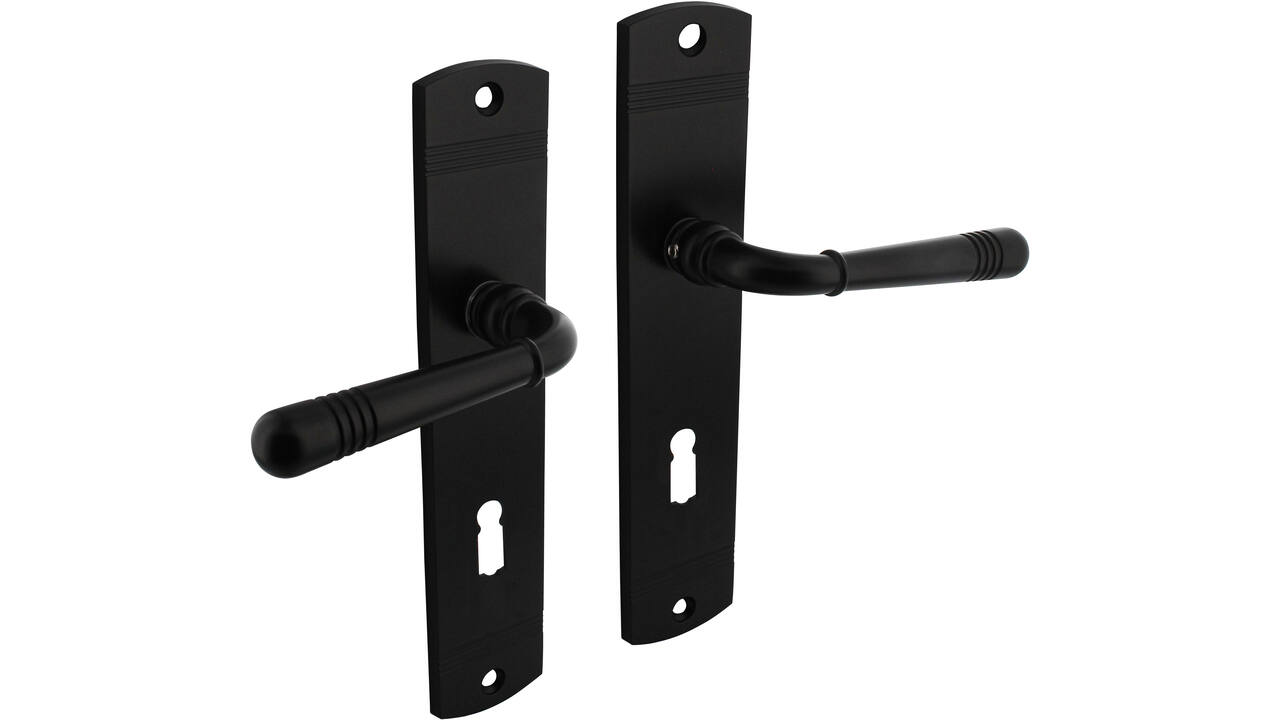 Deurkruk Helena op schild afgerond 235x45mm sleutelgat 72mm zwart