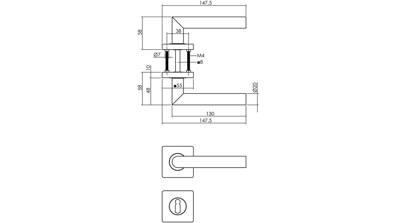 Deurkruk Bastian op rozet 55x55x10mm met nokken en sleutelrozetten zwart