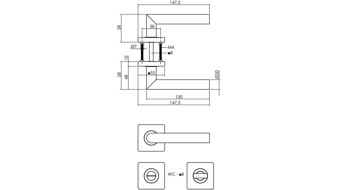Deurkruk Bastian op rozet 55x55x10mm met nokken en WC-sluiting met stift 8x8mm zwart