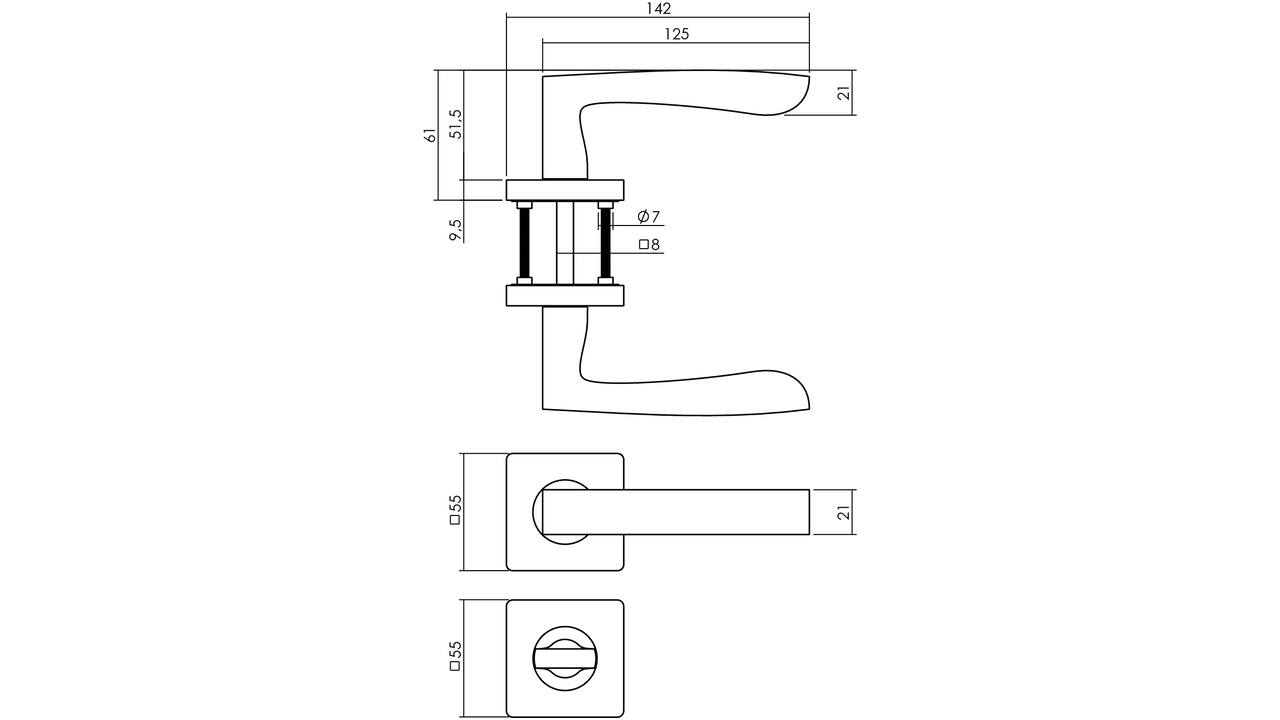 Deurkruk Minos op rozet verdekt 55x55x10mm met nokken en WC-sluiting met stift 8x8mm zwart
