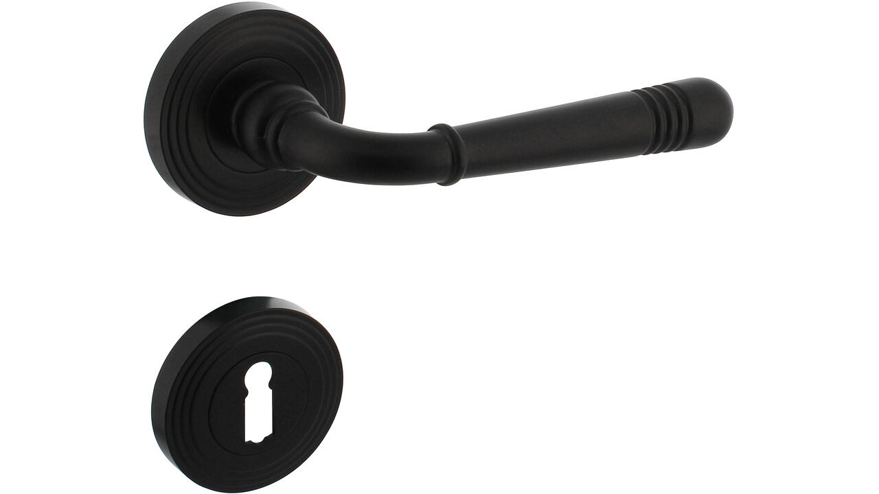 Deurkruk Helena op rozet verdekt met rillen ø55x10mm met nokken en sleutelrozetten zwart