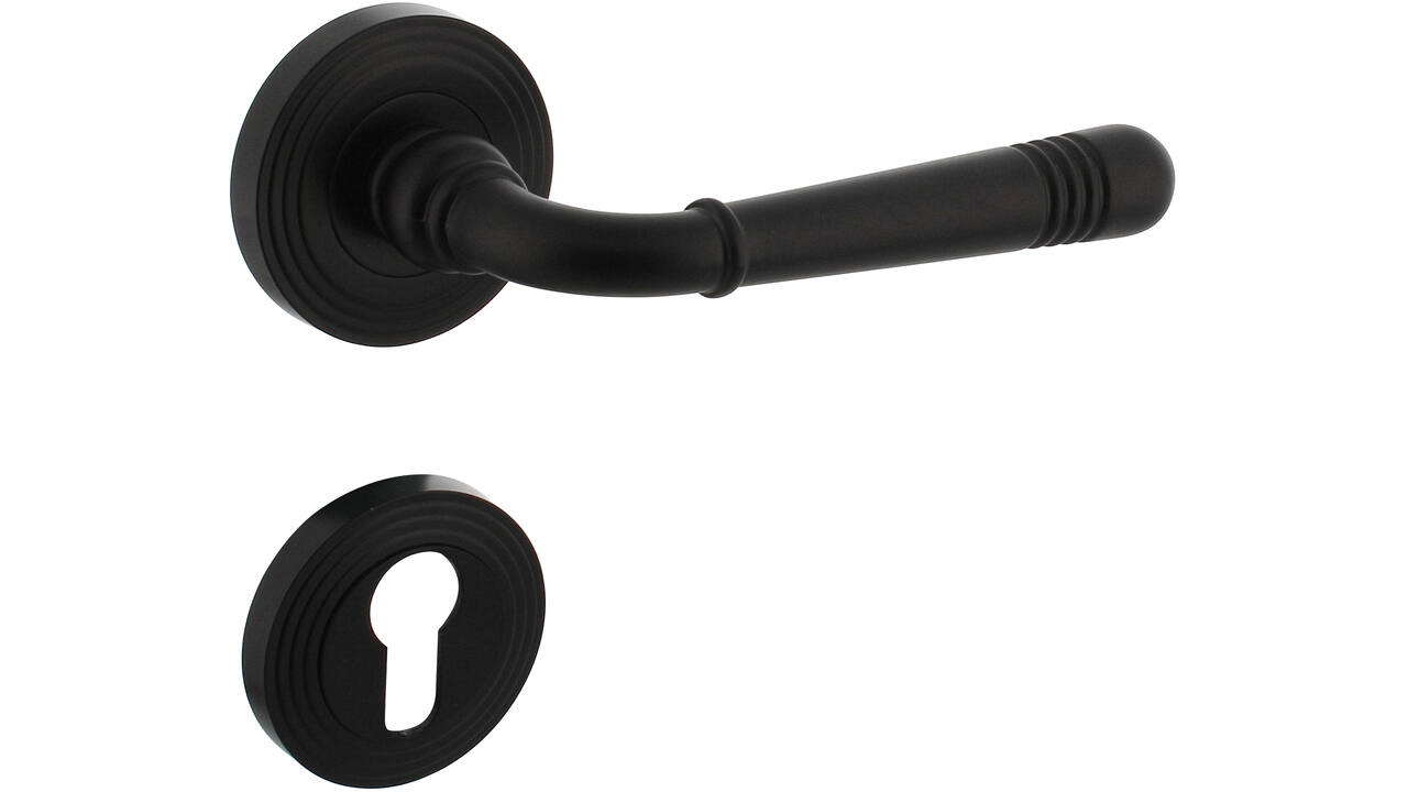 Deurkruk Helena op rozet verdekt met rillen ø55x10mm met nokken en cilinderrozetten zwart