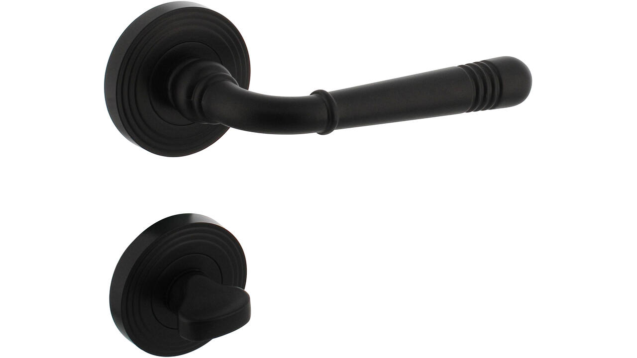 Deurkruk Helena op rozet verdekt met rillen ø55x10mm met nokken en WC-sluiting met stift 8x8mm zwart