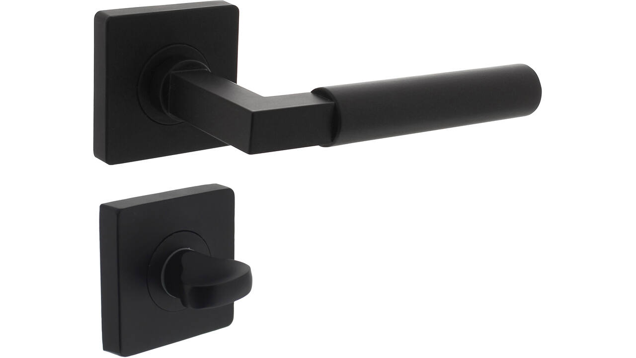 Deurkruk Baustil op rozet verdekt 55x55x10mm met nokken en WC-sluiting met stift 8x8mm zwart