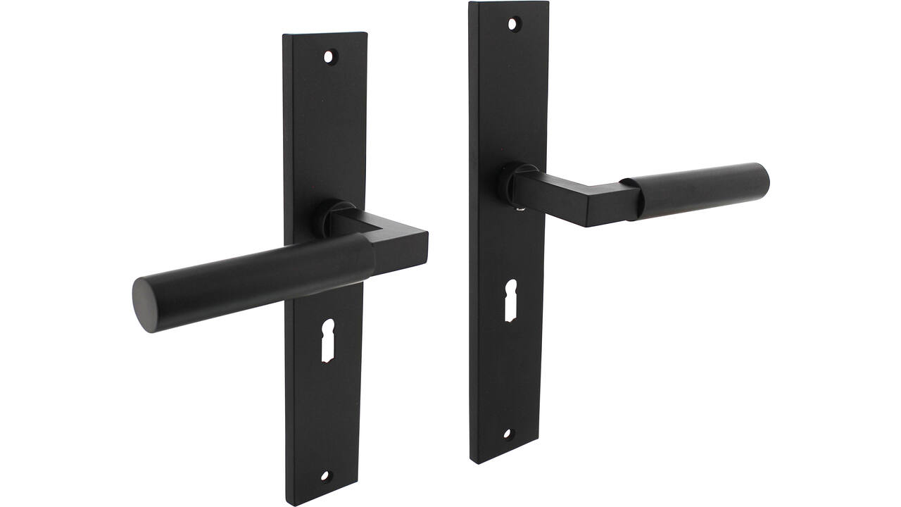 Deurkruk Baustil op schild rechthoekig 245x45mm sleutelgat 56mm zwart