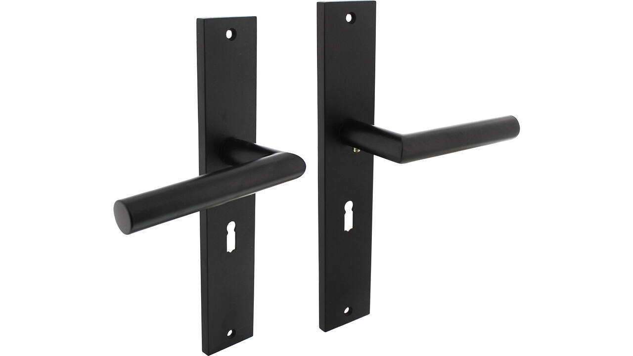 Deurkruk Bastian op schild rechthoekig 245x45mm sleutelgat 56mm zwart