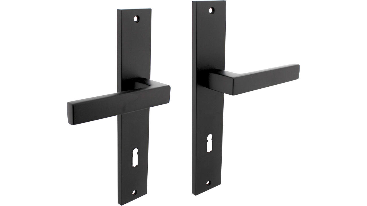 Deurkruk Hera op schild rechthoekig 245x45mm sleutelgat 78mm zwart