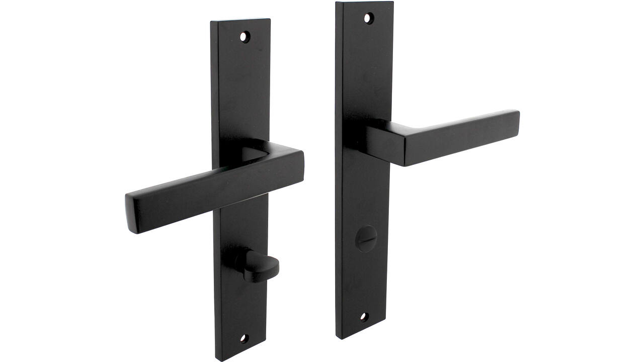Deurkruk Hera op schild rechthoekig 245x45mm wc 78/8mm zwart