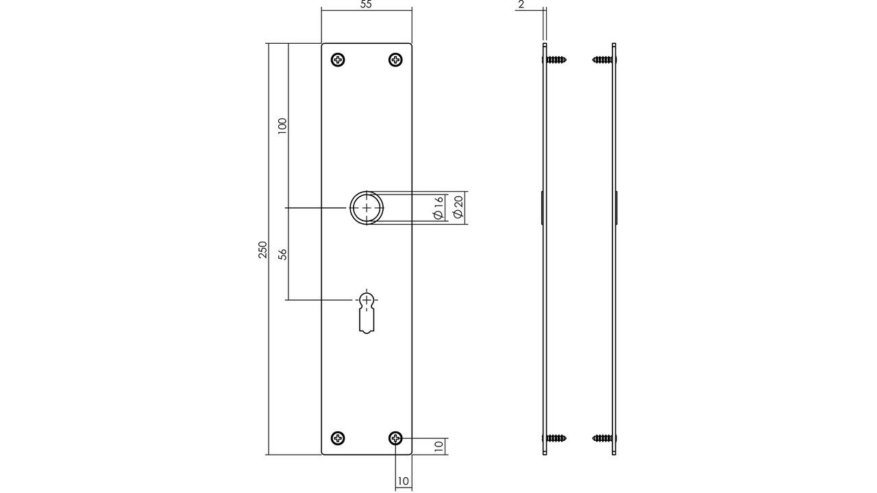 Schilden rechthoekig 250x55x2mm sleutelgat 56mm structuur zwart