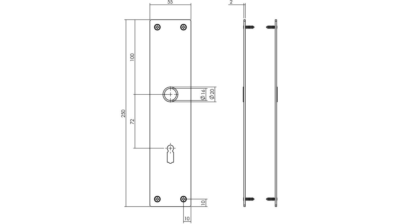 Schilden rechthoekig 250x55x2mm sleutelgat 72mm structuur zwart