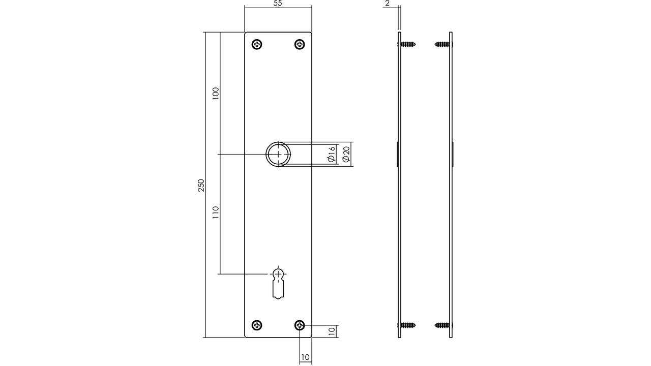 Schilden rechthoekig 250x55x2mm sleutelgat 110mm structuur zwart