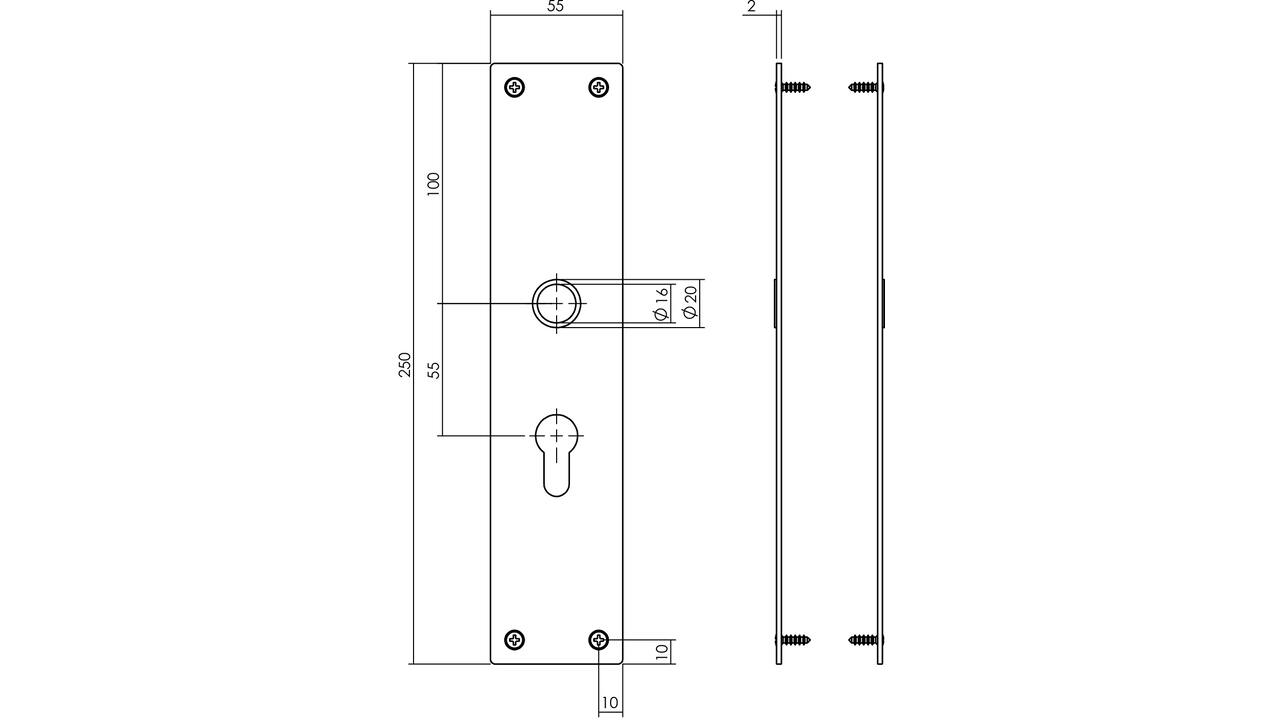 Schilden rechthoekig 250x55x2mm profielcilindergat 55mm structuur zwart