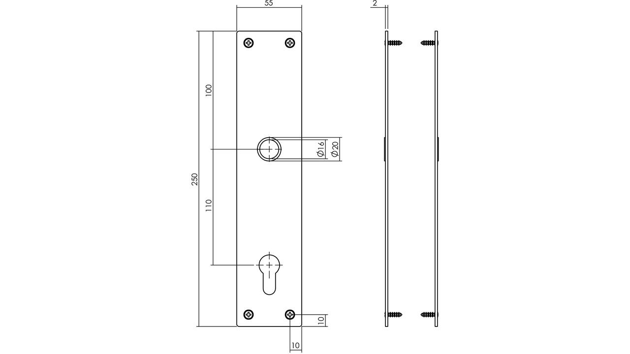 Schilden rechthoekig 250x55x2mm profielcilindergat 110mm structuur zwart