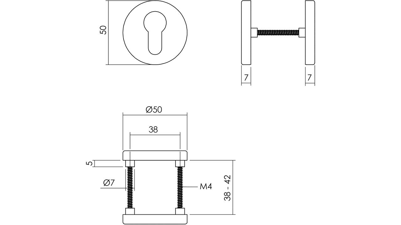 Cilinderrozetten verdekt ø50x7mm met nokken zwart