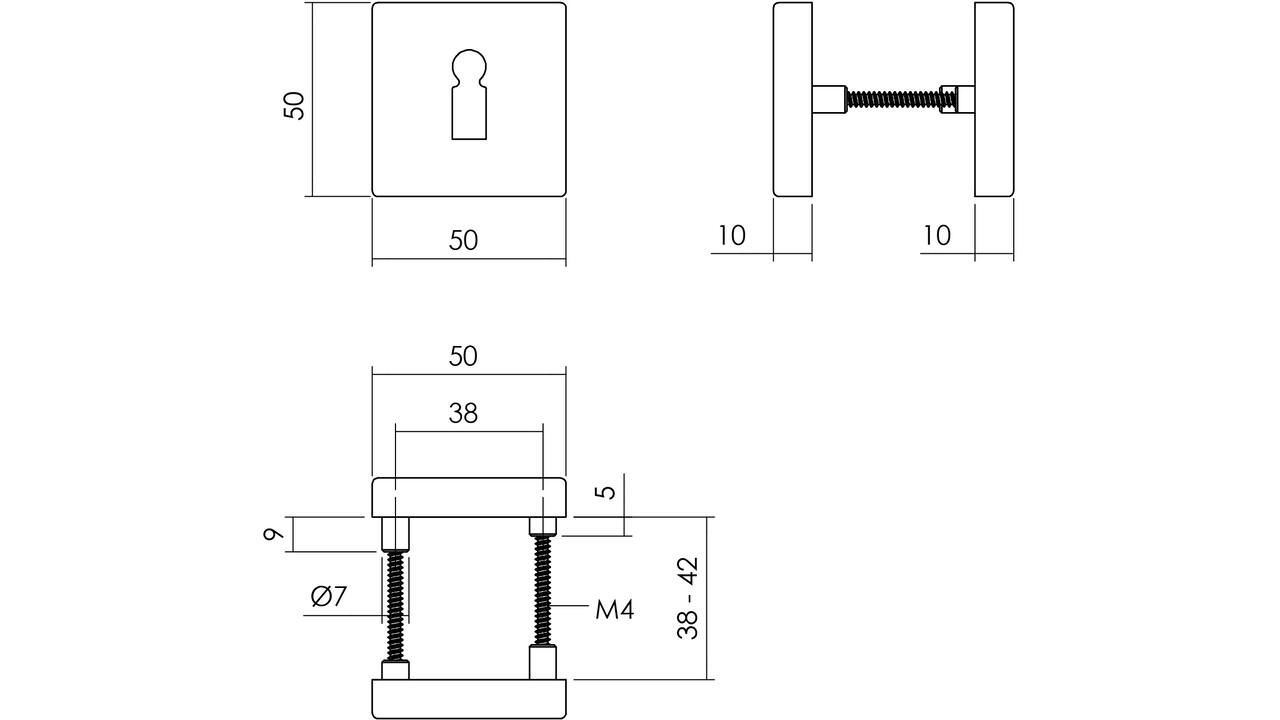 Sleutelrozetten verdekt 50x50x10mm met nokken zwart