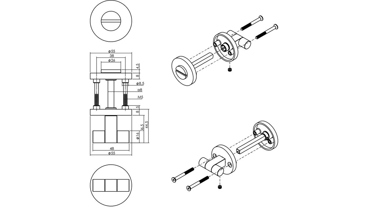 WC-sluiting éénzijdig verdekt ø55x8mm met stift 8x8mm, knop op schroefgat rozet PVD zwart