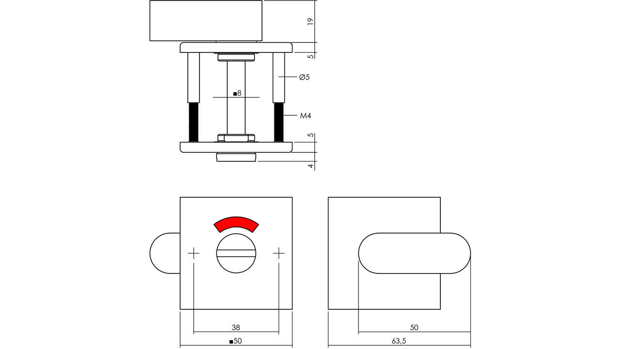 WC-sluiting verdekt 50x50x5mm met comfortknop en stift 8x8mm structuur zwart