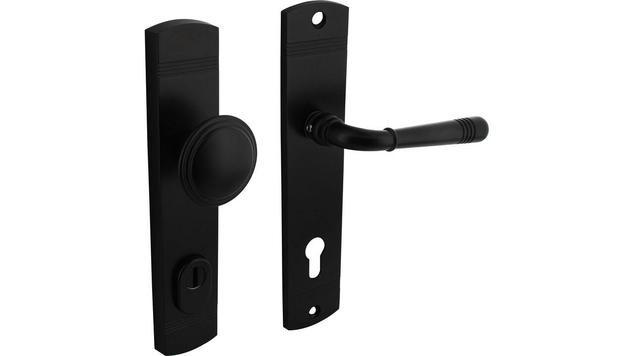 Voordeurbeslag Helena 239x50mm knop/kruk profielcilindergat 92mm met kerntrekbeveiliging zwart