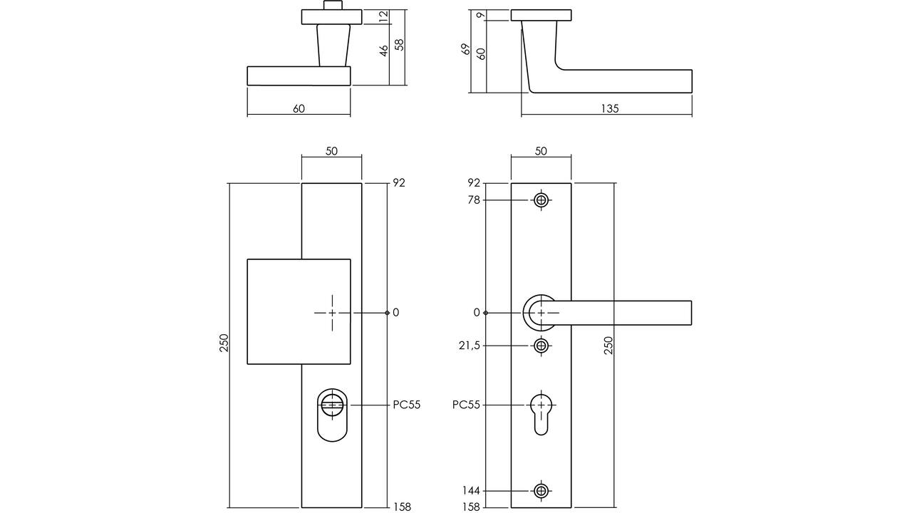 SKG3 veiligheidsbeslag rechthoekig 250x50mm greep/kruk Jura met veerconstructie profielcilindergat 55mm met kerntrekbeveiliging zwart