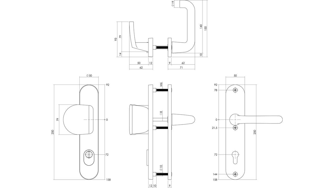 SKG3 veiligheidsbeslag ovaal 250x50mm greep/kruk Rond met veerconstructie profielcilindergat 72mm met kerntrekbeveiliging zwart