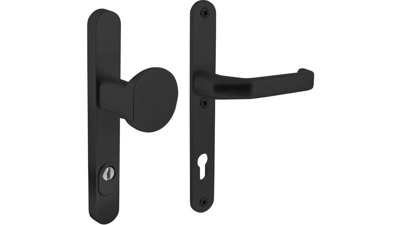 SKG3 veiligheidsbeslag ovaal smal 250x35mm greep/kruk Verkropt met veerconstructie profielcilindergat 92mm met kerntrekbeveiliging zwart