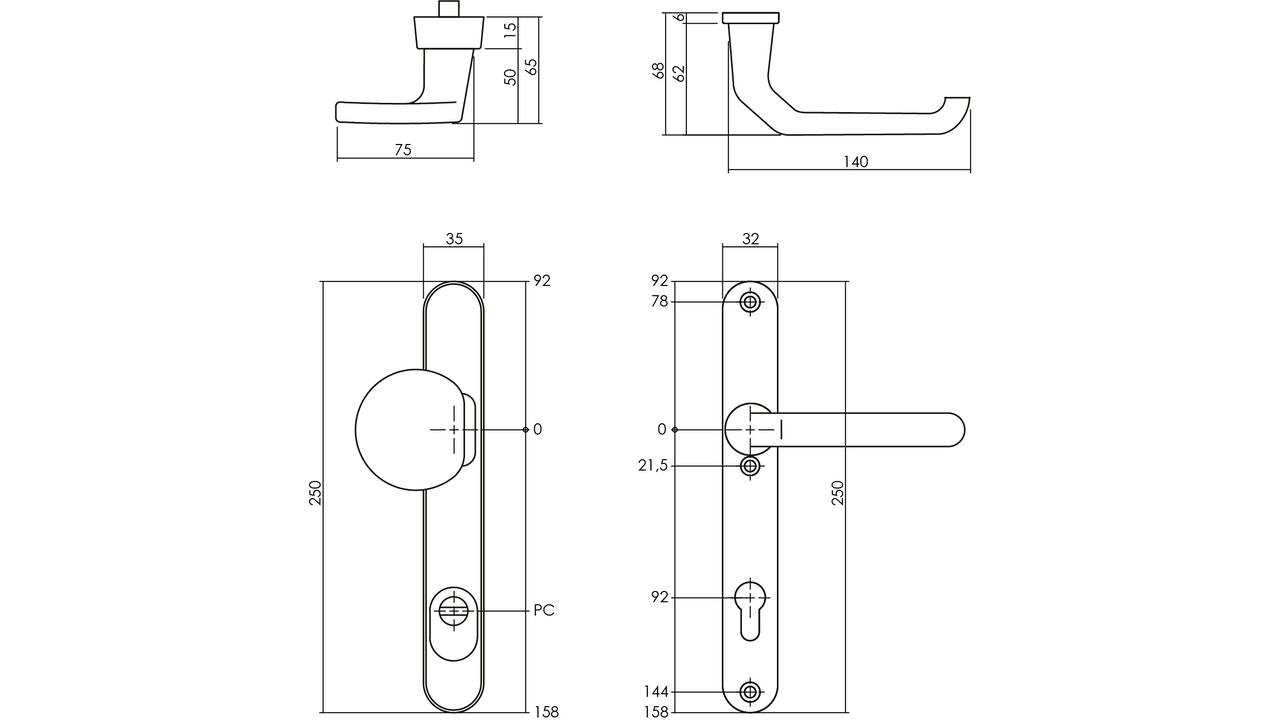 SKG3 veiligheidsbeslag ovaal smal 250x35mm greep/kruk Verkropt met veerconstructie profielcilindergat 92mm met kerntrekbeveiliging zwart