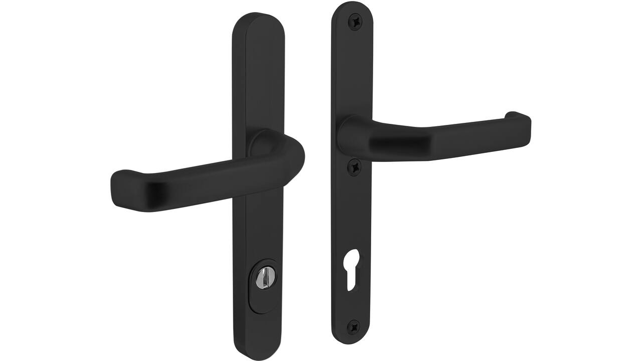 SKG3 veiligheidsbeslag ovaal smal 250x35mm kruk/kruk Verkropt met veerconstructie profielcilindergat 92mm met kerntrekbeveiliging zwart