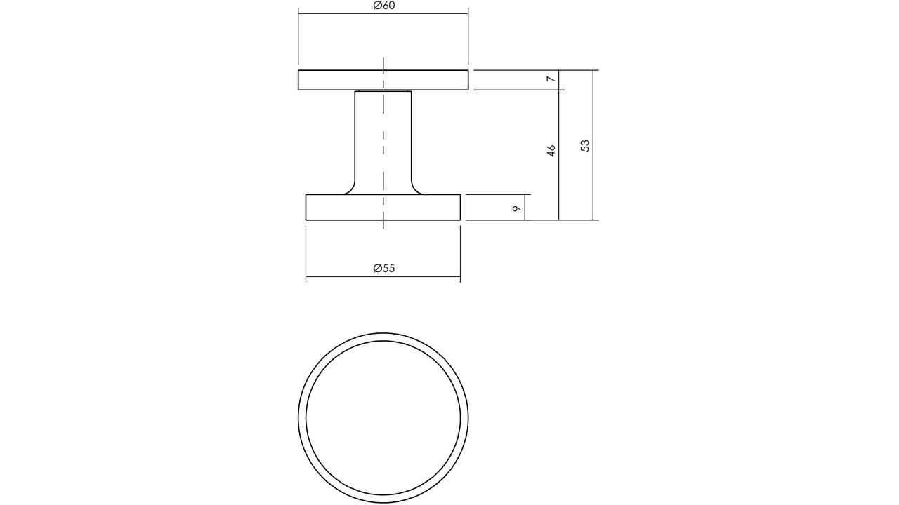 Voordeurknop plat ø55mm op achterplaat ø60mm éénzijdige montage aluminium zwart