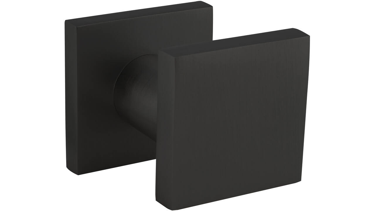 Voordeurknop vierkant 59x59mm verkropt op achterplaat 60x60mm éénzijdige montage aluminium zwart