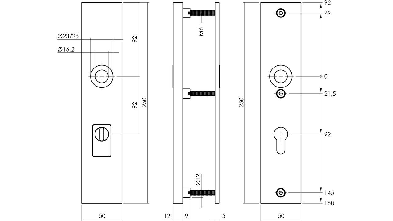 SKG3 veiligheidsschilden rechthoekig 250x50mm profielcilindergat 92mm met kerntrekbeveiliging structuur zwart