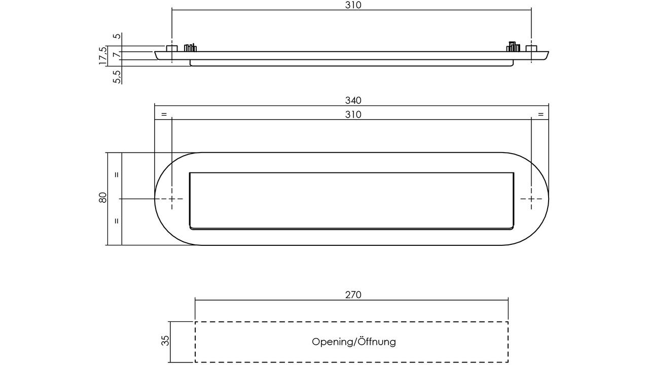 Briefplaat ovaal 340x80mm met klep/regenrand structuur zwart