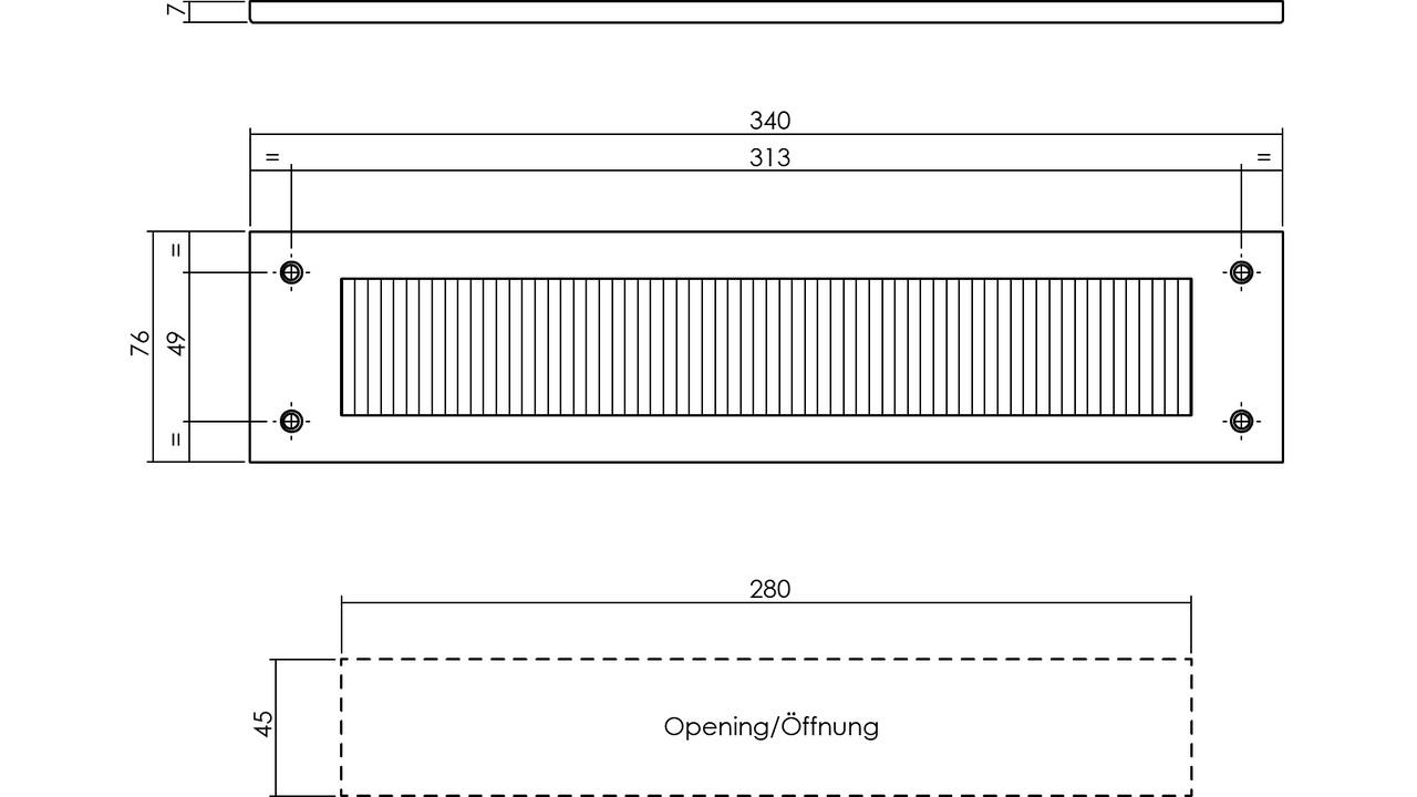 Tochtwering rechthoekig 340x76mm structuur zwart