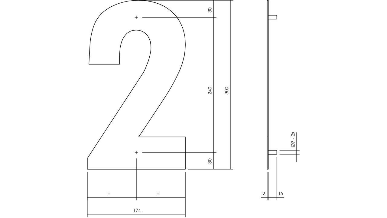Huisnummer 2 XL 300mm structuur zwart