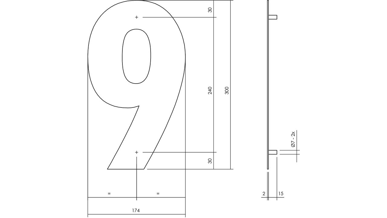 Huisnummer 9 XL 300mm structuur zwart