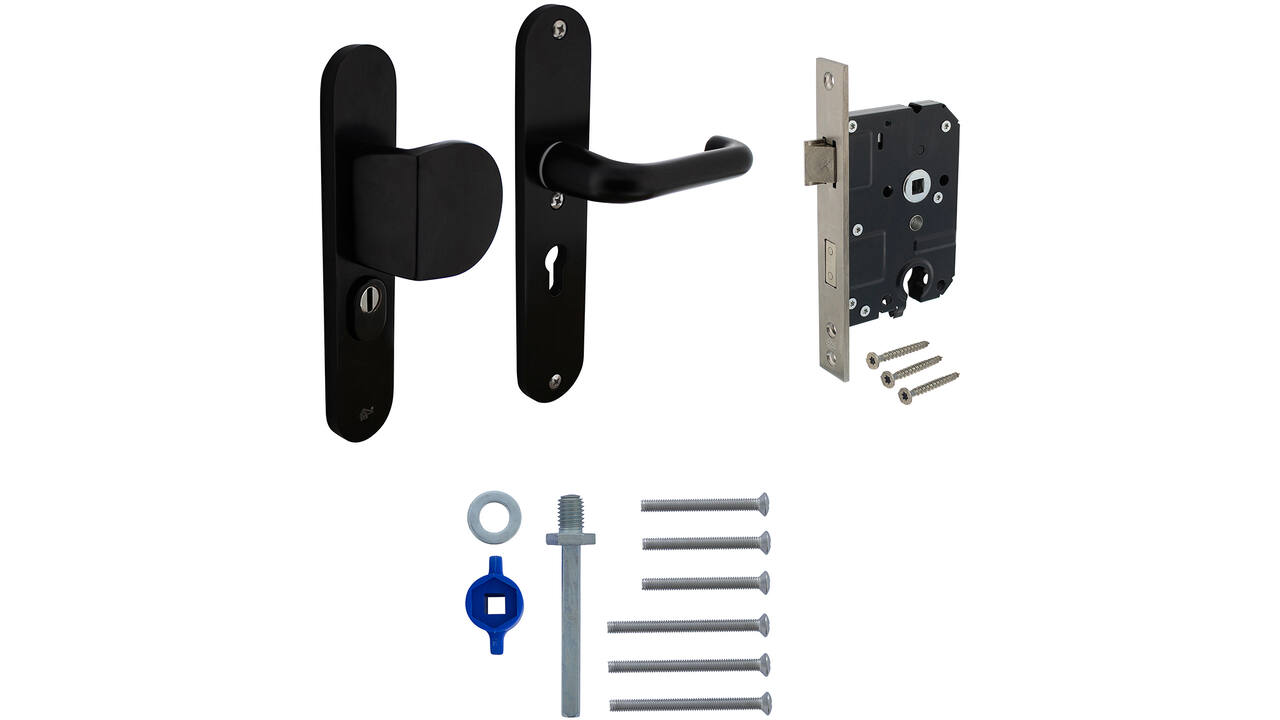 Set voordeurbeslag ovaal: SKG3 veiligheidsbeslag ovaal 250x50mm greep/kruk kt55 met SKG2 slot 55pc aluminium zwart
