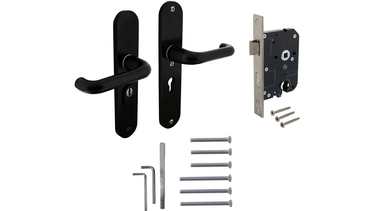 Set achterdeurbeslag ovaal: SKG3 veiligheidsbeslag ovaal 250x50mm kruk/kruk kt55 met SKG2 slot 55pc aluminium zwart