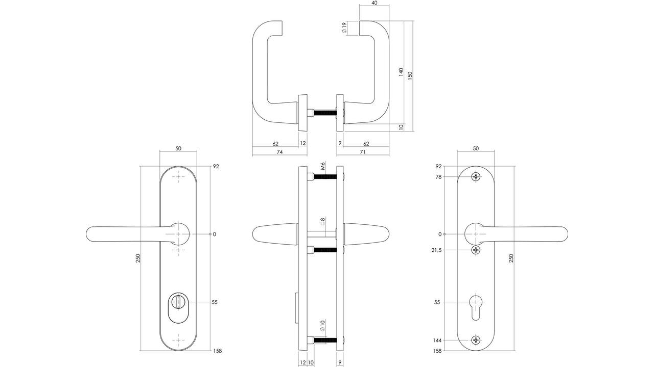 Set achterdeurbeslag ovaal: SKG3 veiligheidsbeslag ovaal 250x50mm kruk/kruk kt55 met SKG2 slot 55pc aluminium zwart