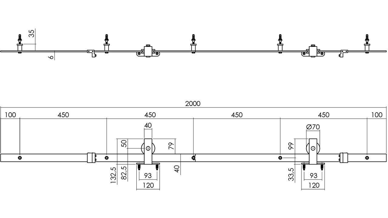 Schuifdeursysteem 2x1 meter met hangrollen recht top 130mm zwart