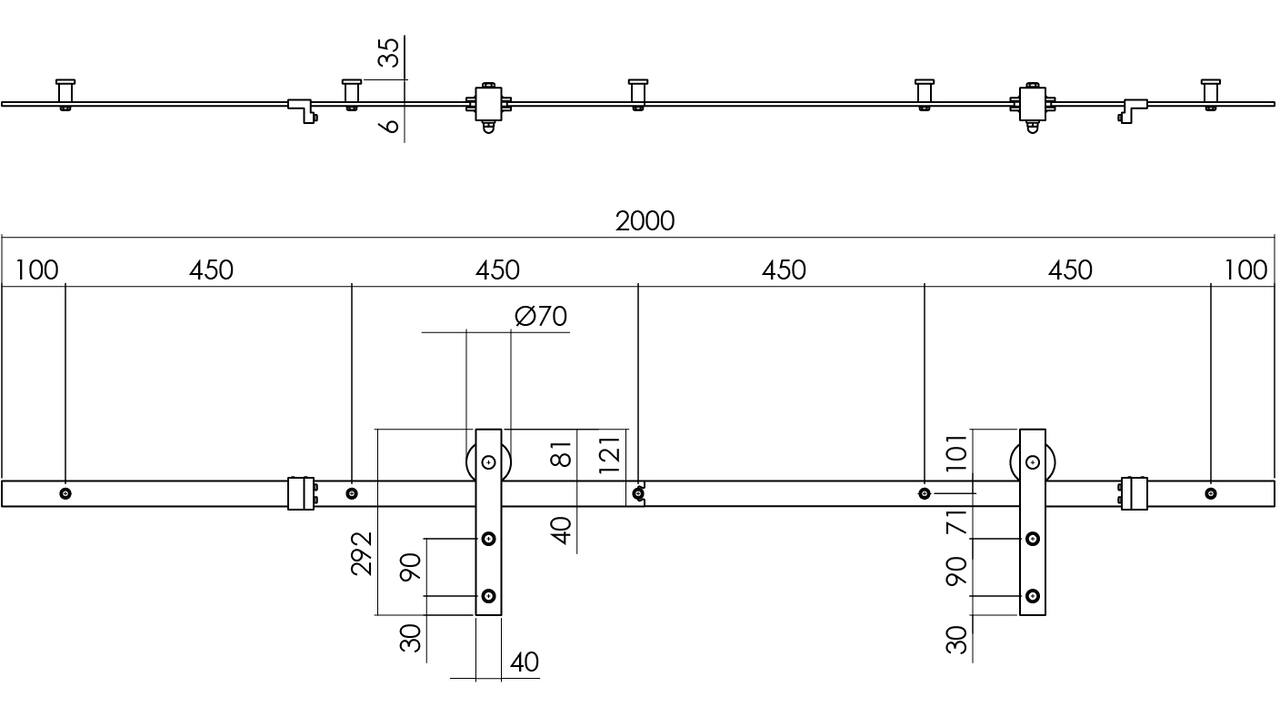 Schuifdeursysteem 2x1 meter met hangrollen recht 290mm zwart