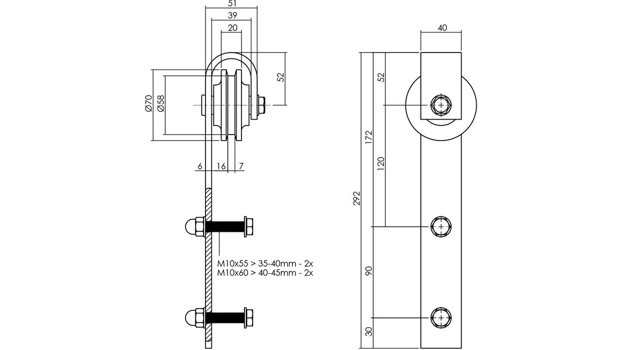 Set van 2 rollers recht 290mm tbv schuifdeursysteem 450101 inclusief bevestiging zwart
