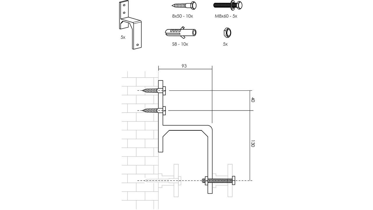 Set van 5 wandsteunen tbv parallel geplaatste schuifdeuren zwart