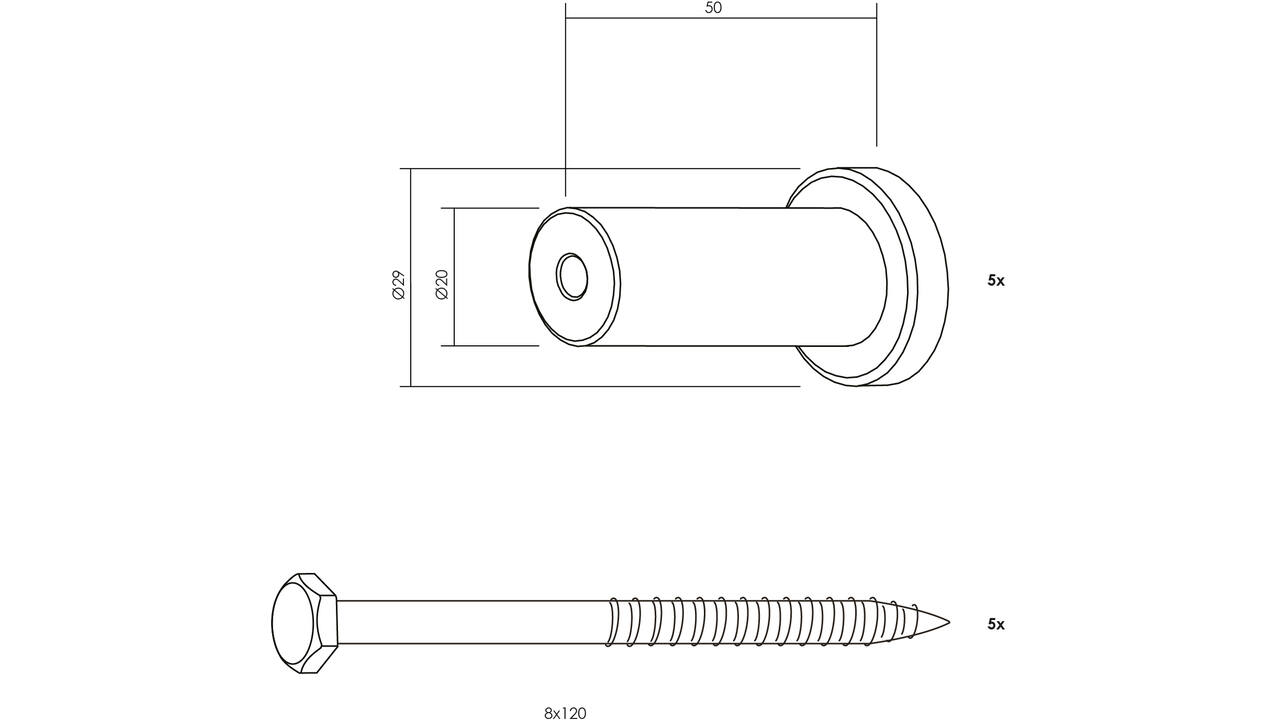 Set van 5 verlengde ronde steunen 50mm tbv schuifdeurrail zwart